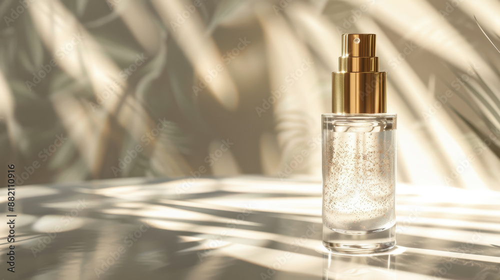 A premium anti-aging serum in a glass bottle, with gold accents and a slight shimmer effect. A premium anti-aging serum in a glass bottle, with gold accents and a slight shimmer effect.