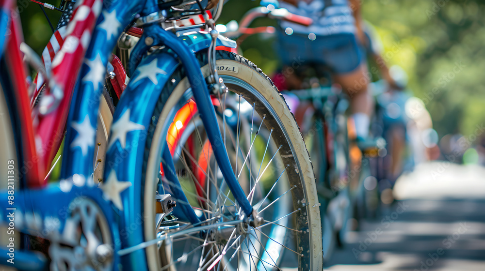 Participants in a community bike ride decorate their bikes with colorful decorations and ribbons. Participants in a community bike ride decorate their bikes with colorful decorations and ribbons.