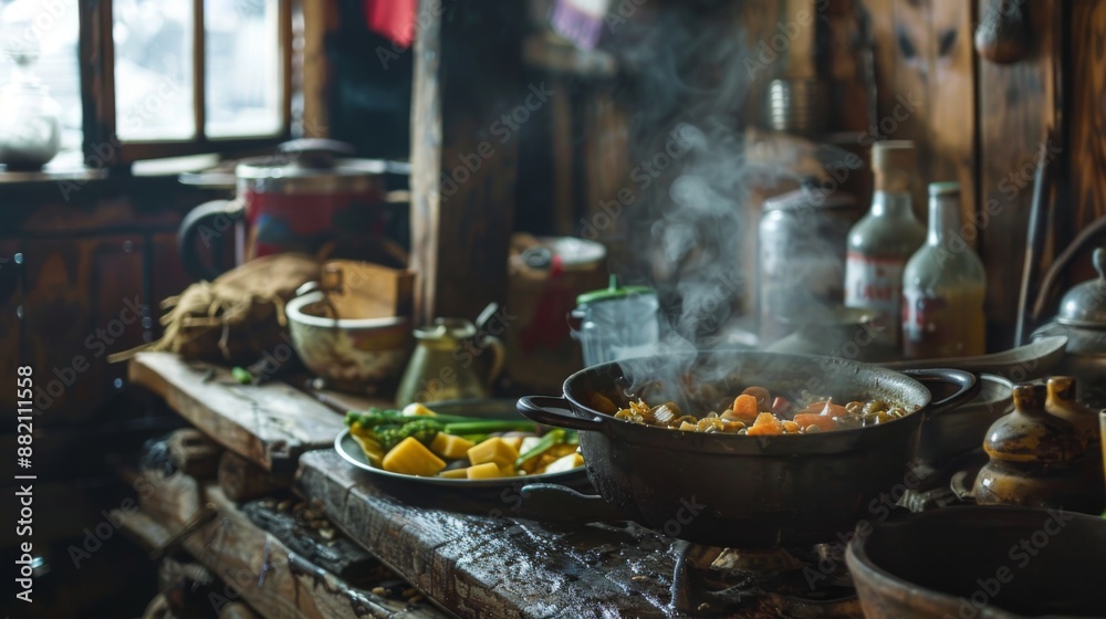 A rustic kitchen setting with a large pot of stew simmering on the stove. A rustic kitchen setting with a large pot of stew simmering on the stove.