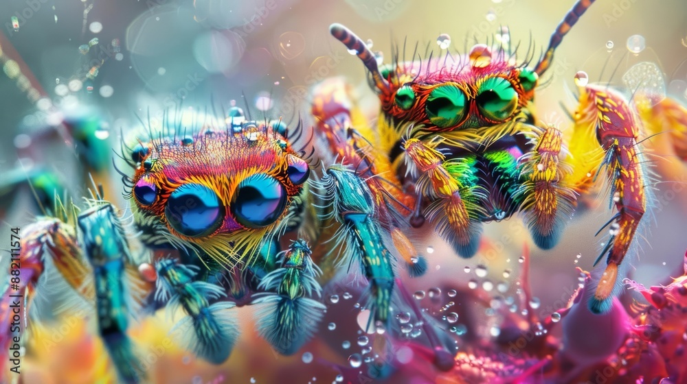 Fototapeta premium Two vibrant jumping spiders with dew drops on their bodies, close-up.
