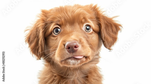 Funny head shot of cute red Cobber dog puppy, standing facing front. Looking curious towards camera. Isolated on white background. Tongue out.