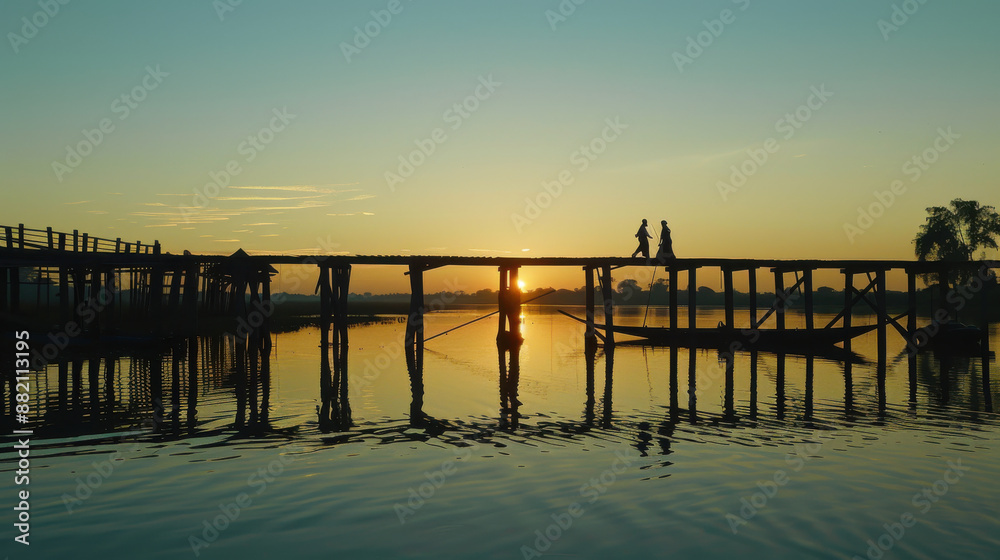 Obraz premium A serene landscape of the U Bein Bridge at sunset, with silhouettes of people walking across the longest teak bridge in the world