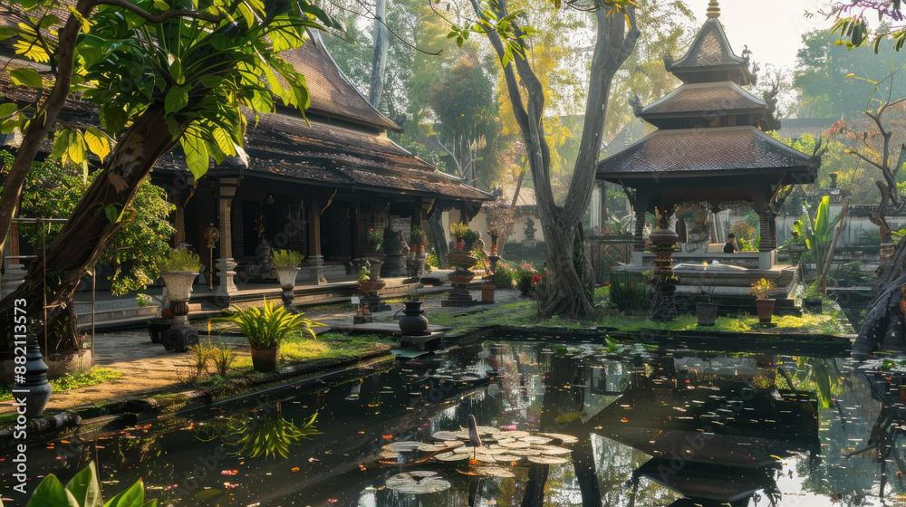 A serene morning at Wat Jed Yod, with its unique Indian-influenced architecture and peaceful gardens A serene morning at Wat Jed Yod, with its unique Indian-influenced architecture and peaceful gardens