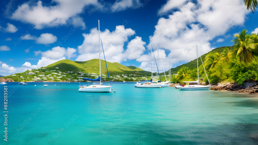 Luxurious Fleet of Boats in a Picturesque Bay of the British Virgin Islands: A Gateway to Nautical Adventures Luxurious Fleet of Boats in a Picturesque Bay of the British Virgin Islands: A Gateway to Nautical Adventures