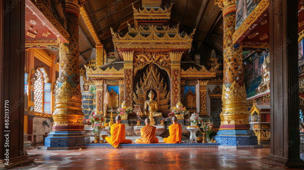 A serene scene at Wat Ban Den, with monks performing morning prayers amidst the beautifully decorated shrines A serene scene at Wat Ban Den, with monks performing morning prayers amidst the beautifully decorated shrines