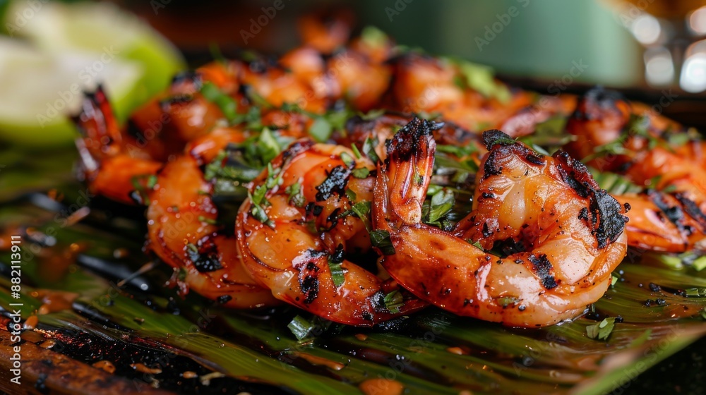 A seafood lover's paradise with grilled shrimp served on banana leaves, adding a tropical flair to the dining experience. A seafood lover's paradise with grilled shrimp served on banana leaves, adding a tropical flair to the dining experience.