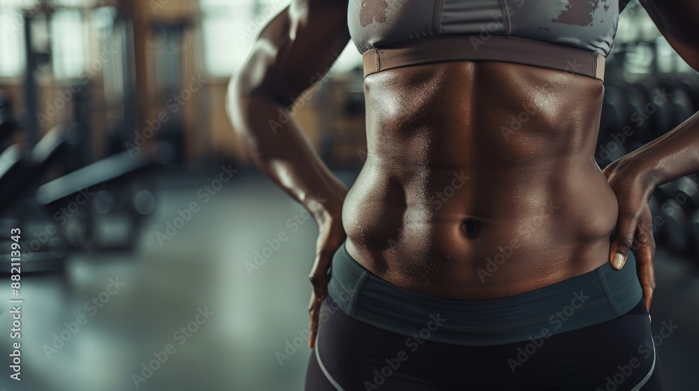 Fitness, stomach, and woman in a gym for weight loss training. A slender female athlete or model belly after a sport center training. Fitness, stomach, and woman in a gym for weight loss training. A slender female athlete or model belly after a sport center training.