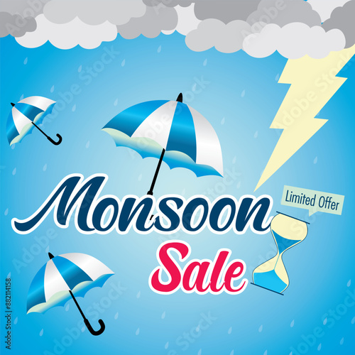 Monsoon sale advertisement banner for social media, monsoon offers background vector