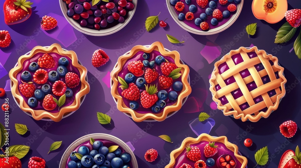 Cake top with fruits and berries with cartoon modern Thanksgiving round homemade cake with decorative lattices, strawberry and pear slices, orange slices and apple in jelly, with a sweet baked pie Cake top with fruits and berries with cartoon modern Thanksgiving round homemade cake with decorative lattices, strawberry and pear slices, orange slices and apple in jelly, with a sweet baked pie
