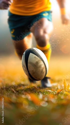 rugby in action on the Australia flag background focus on, surreal, manipulation, urban backdrop