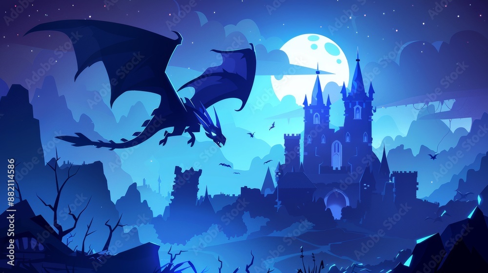 Fantasy dragon flying near castle at night. Cartoon illustration of ...