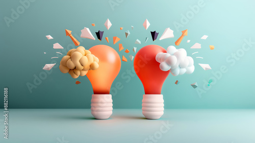 Two lightbulbs with brain halves representing creativity and logic against a teal background, symbolizing innovation and thinking.