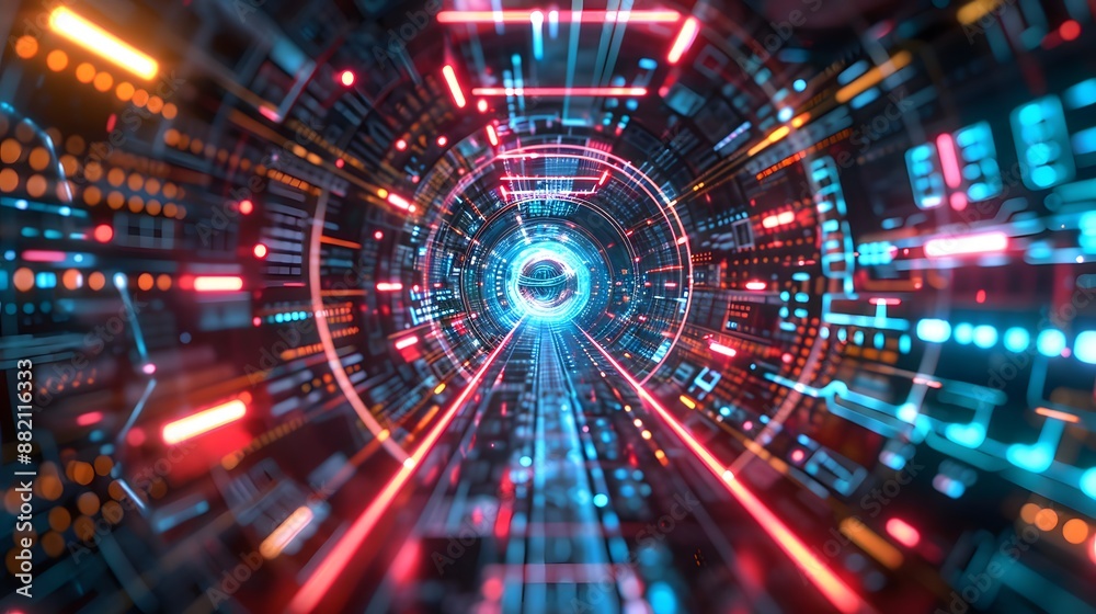 3D Futuristic circuit background. Motion graphic for abstract data center, server, internet, speed. Futuristic HUD tunnel. Display screens for tech titles and background, tech headline. 3D rende