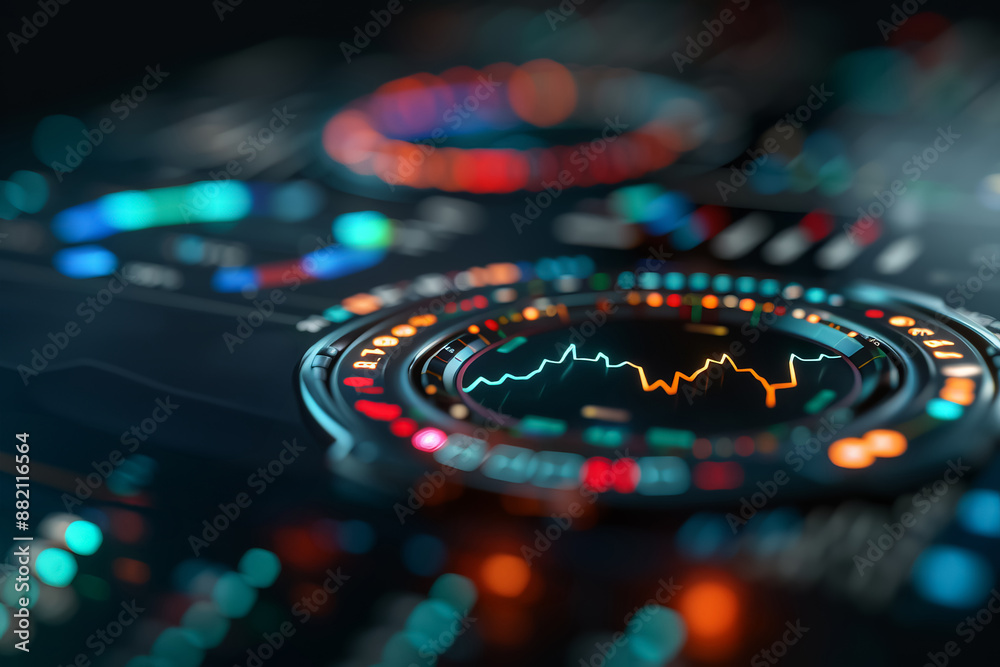 Obraz premium Close-up of futuristic digital dashboard with data visualization in vibrant colors, symbolizing technology and innovation.