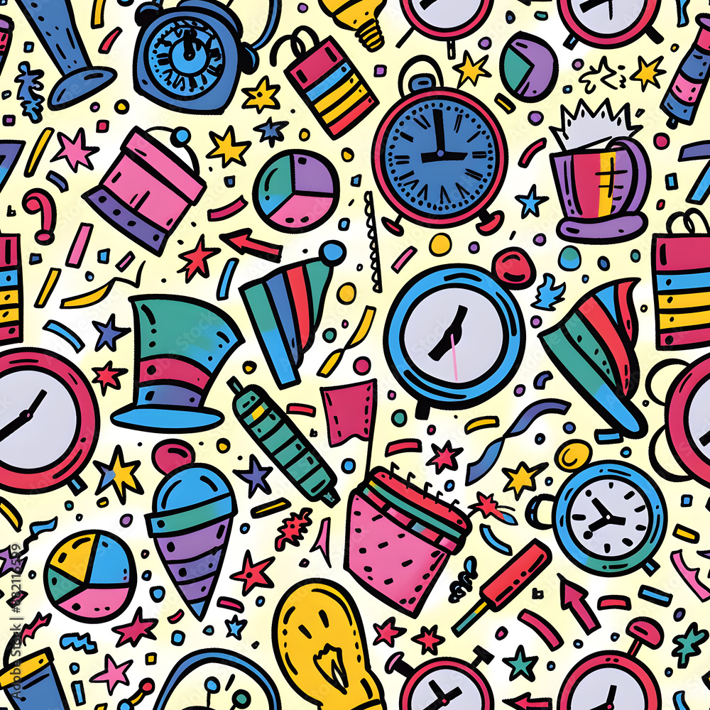 2D illustrated New Year card in a cute graphic style seamless pattern. 2D illustrated New Year card in a cute graphic style seamless pattern.
