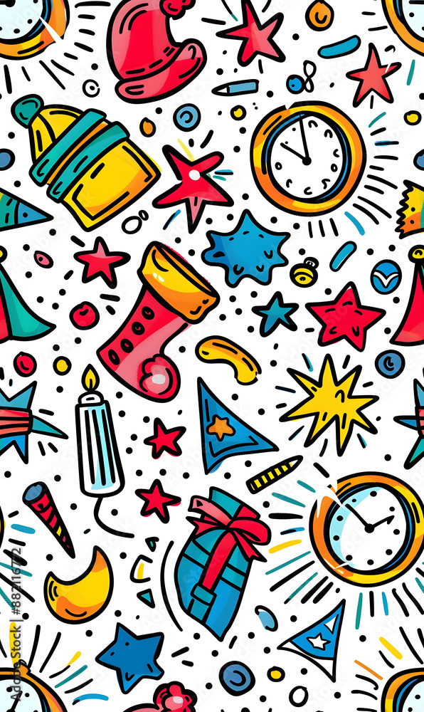 Fototapeta premium 2D illustrated New Year card in a cute graphic style seamless pattern.