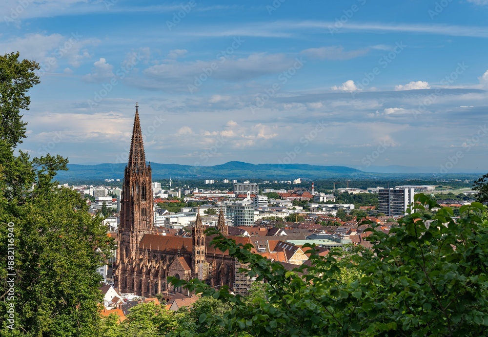 Scenic view of Freiburg Cathedral surrounded by buildings and greenery under a blue sky Scenic view of Freiburg Cathedral surrounded by buildings and greenery under a blue sky