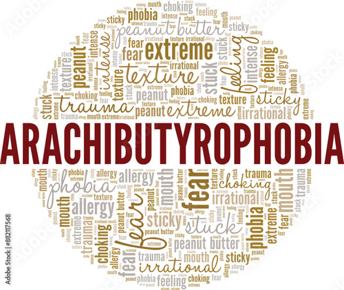 Arachibutyrophobia: Fear of Peanut Butter word cloud conceptual design isolated on white background.