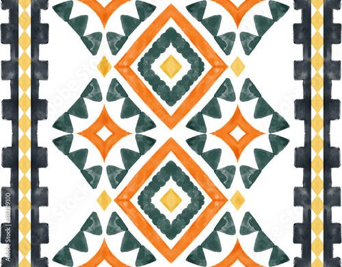 Hand drawn Ikat geometric colorful ornament arrangement Tribal ethnic texture. Seamless pattern in Aztec style.