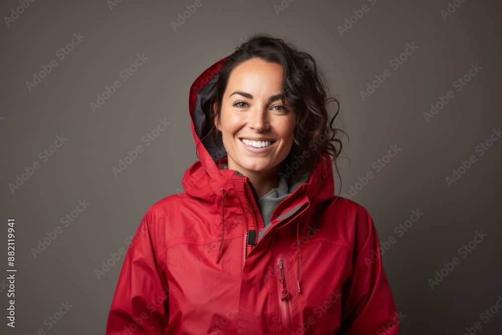 Portrait of a grinning woman in her 30s wearing a windproof softshell in front of blank studio backdrop Portrait of a grinning woman in her 30s wearing a windproof softshell in front of blank studio backdrop
