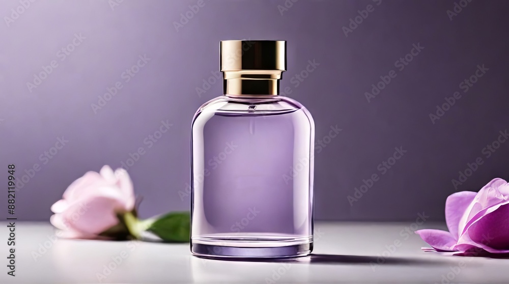 A glass bottle of purple perfume stands on a white surface with two pink flowers A glass bottle of purple perfume stands on a white surface with two pink flowers