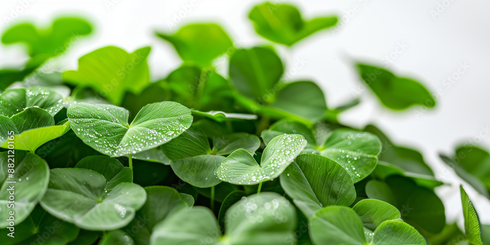 green heart-shaped leaves on an elegant four-leaf clover, symbolizing good fortune and luck for St Patrick's Day celebration. The focus is sharp to capture every detail in the leaves. A white backgrou green heart-shaped leaves on an elegant four-leaf clover, symbolizing good fortune and luck for St Patrick's Day celebration. The focus is sharp to capture every detail in the leaves. A white backgrou