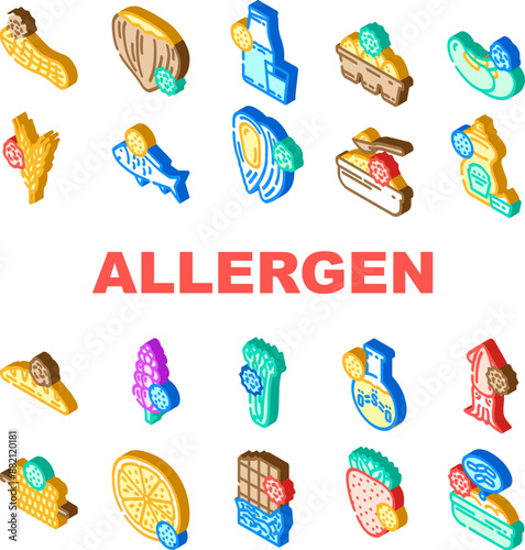allergen product free food icons set vector. gluten sugar, egg soy, lactose vegan, gmo dairy, milk label, organic cosmetic, fat allergen product free food isometric sign illustrations