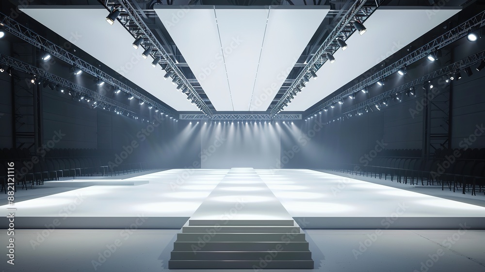 Empty Floodlit Catwalk for Fashion Show with Audience. Trendy Event Background in White and Dark Theme with Overhead Lighting.