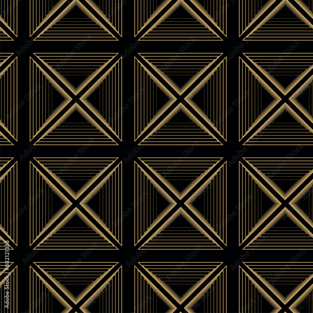 Abstract geometric pattern with triangles, stripes, lines. Seamless vector background. Black and gold ornament. Modern reticulated graphic design. Abstract geometric pattern with triangles, stripes, lines. Seamless vector background. Black and gold ornament. Modern reticulated graphic design.