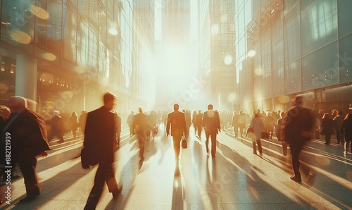 Long exposure shot of crowd of business people walking in bright office lobby fast moving with blurry