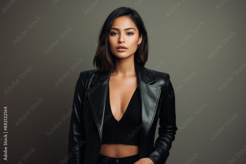 Obraz premium Portrait of a blissful woman in her 20s sporting a stylish leather blazer over blank studio backdrop