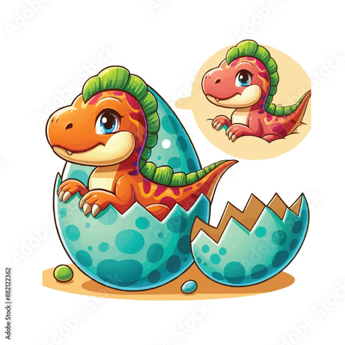 Cartoon baby spinosaurus hatching from egg ,colorful vector illustration, isolated on white background