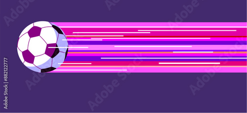 Flying soccer ball with multicolor glowing trail in flat style on purple background. Vector illustration