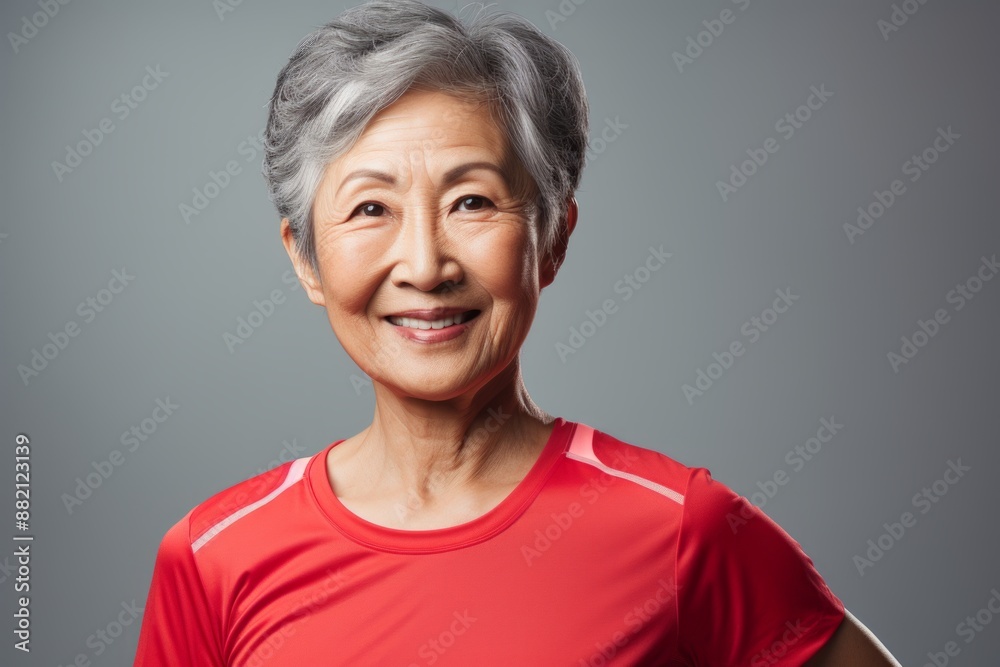 Portrait of a smiling asian elderly woman in her 90s wearing a moisture-wicking running shirt in front of blank studio backdrop Portrait of a smiling asian elderly woman in her 90s wearing a moisture-wicking running shirt in front of blank studio backdrop