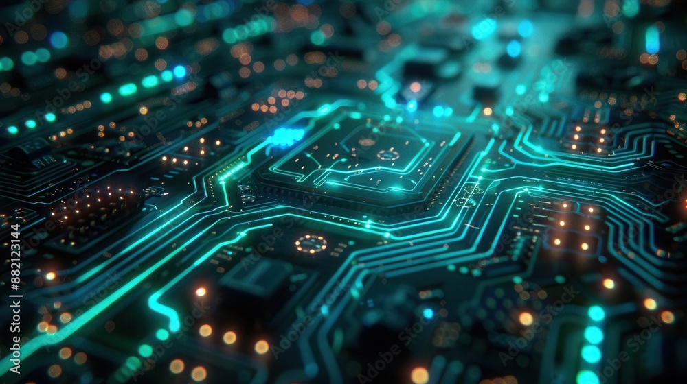 Futuristic circuit board, abstract design, blue and green neon, wideangle shot, intricate details, generative AI technology, hightech feel Futuristic circuit board, abstract design, blue and green neon, wideangle shot, intricate details, generative AI technology, hightech feel