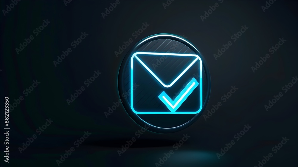 Fototapeta premium Blue Glowing Checkmark Icon in Circle Against Black Background