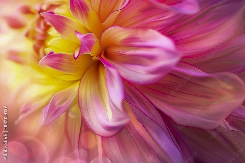 Vibrant Close Up of Pink and Yellow Dahlia Flower in Full Bloom with Soft Bokeh Background Vibrant Close Up of Pink and Yellow Dahlia Flower in Full Bloom with Soft Bokeh Background