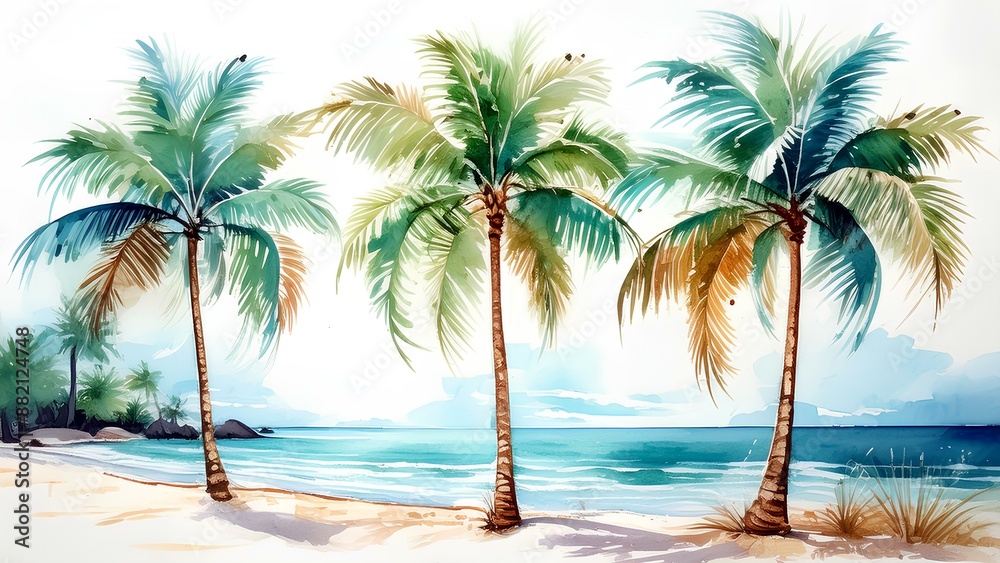 Watercolor painting of palm trees under the summer sun. Illustration of palm trees on the beach with ocean sea. Background for prints and banners on the theme of Summer travel. Watercolor painting of palm trees under the summer sun. Illustration of palm trees on the beach with ocean sea. Background for prints and banners on the theme of Summer travel.