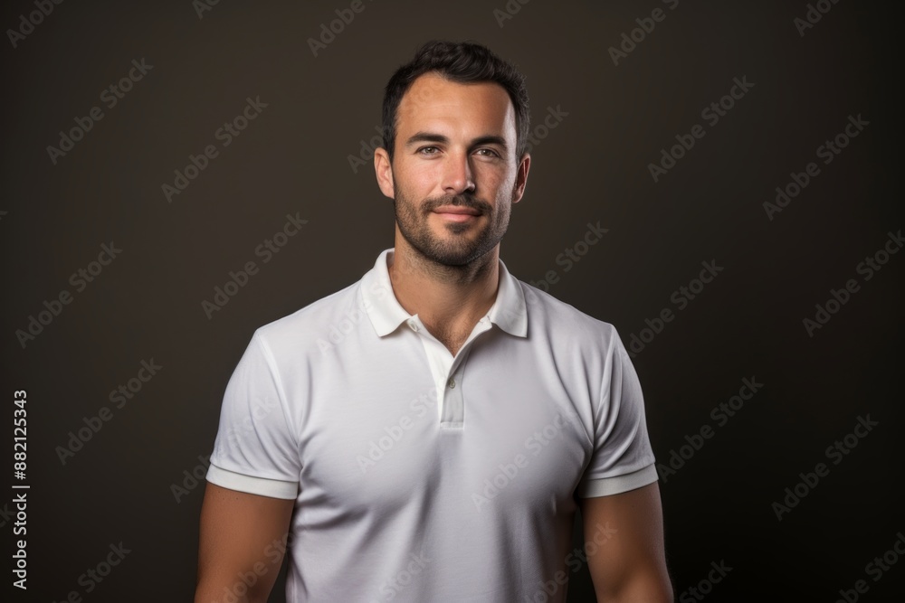 Portrait of a tender man in his 30s wearing a sporty polo shirt isolated in light wood minimalistic setup Portrait of a tender man in his 30s wearing a sporty polo shirt isolated in light wood minimalistic setup
