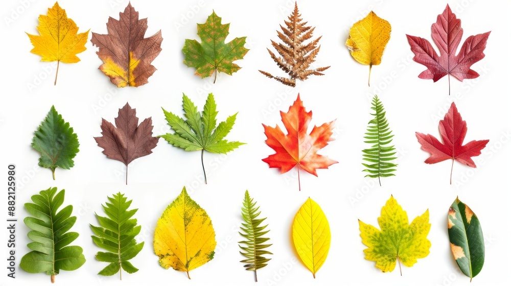 Obraz premium A bright and varied collage of various leaves on a white background