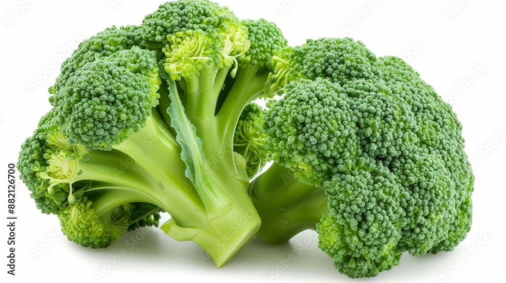 Fresh broccoli head, showcasing its vibrant green color and dense florets, set against a white background Fresh broccoli head, showcasing its vibrant green color and dense florets, set against a white background