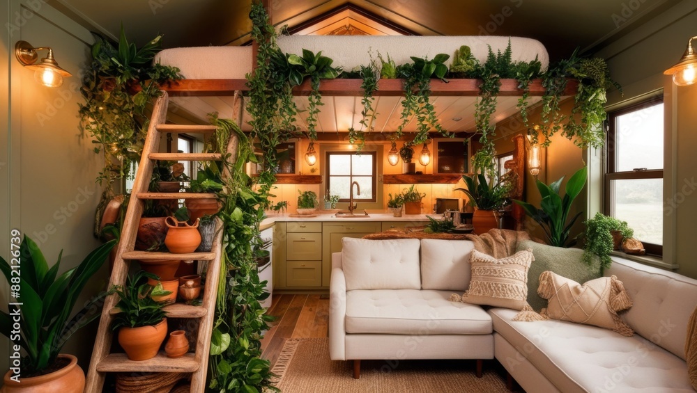 Fototapeta premium A whimsical bed mezzanine suspended above a miniature kitchen, nestled within a cozy tiny living room oasis, where lush verdant plants cascade down from the lofted bed