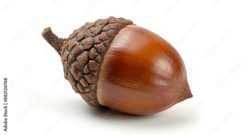 Single acorn, showcasing its smooth, shiny nut and textured cap, isolated on a white background Single acorn, showcasing its smooth, shiny nut and textured cap, isolated on a white background