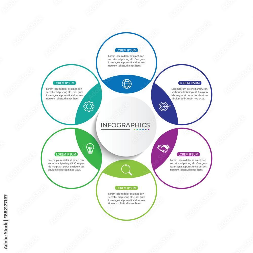 Modern infographic template. Creative circle element design with marketing icons. Business concept with 6 options Modern infographic template. Creative circle element design with marketing icons. Business concept with 6 options