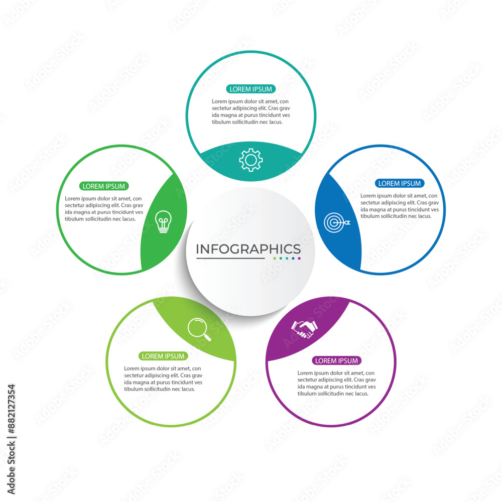 Modern infographic template. Creative circle element design with marketing icons. Business concept with 5 options Modern infographic template. Creative circle element design with marketing icons. Business concept with 5 options