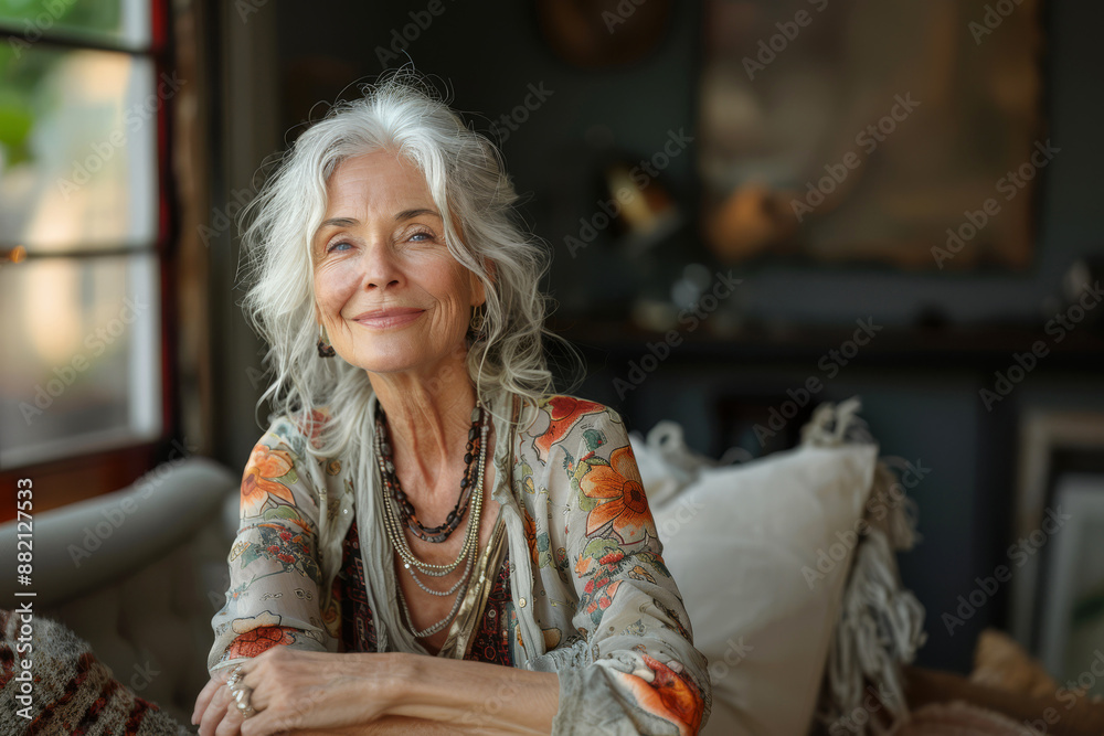 Cheeful elderly woman with silver hair and a bright smile sits on a couch at home. Positive energy and timeless beauty Cheeful elderly woman with silver hair and a bright smile sits on a couch at home. Positive energy and timeless beauty