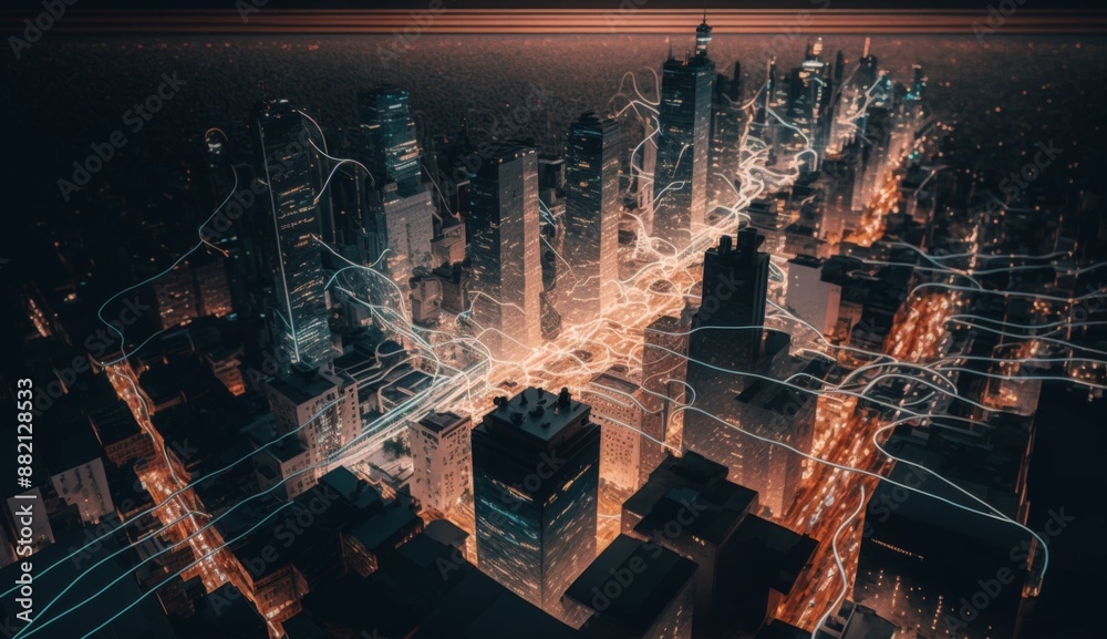 Fototapeta premium Smart City Nightscape: Data Flows Through Urban Landscape