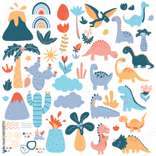 Cute Dino set with trees, plants, and other elements for your design, childish hand drawn dinosaur elements. Nursery Vector illustration.