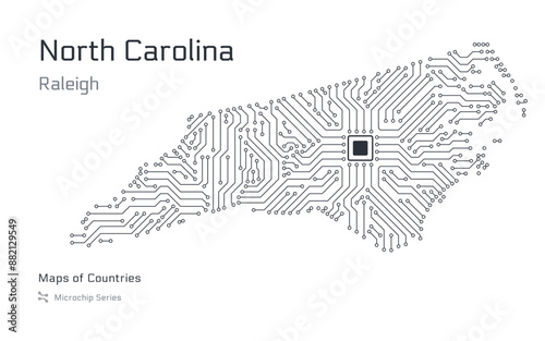 North Carolina Map with a capital of Raleigh Shown in a Microchip Pattern. Silicon valley, E-government. United States vector maps. Microchip Series	