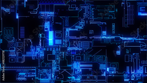 Printed circuit board. Visualization of advanced technology concept: PCB processor microchip, digitization of neural networks and cloud computing. Digital lines transmit data. Electronic computer